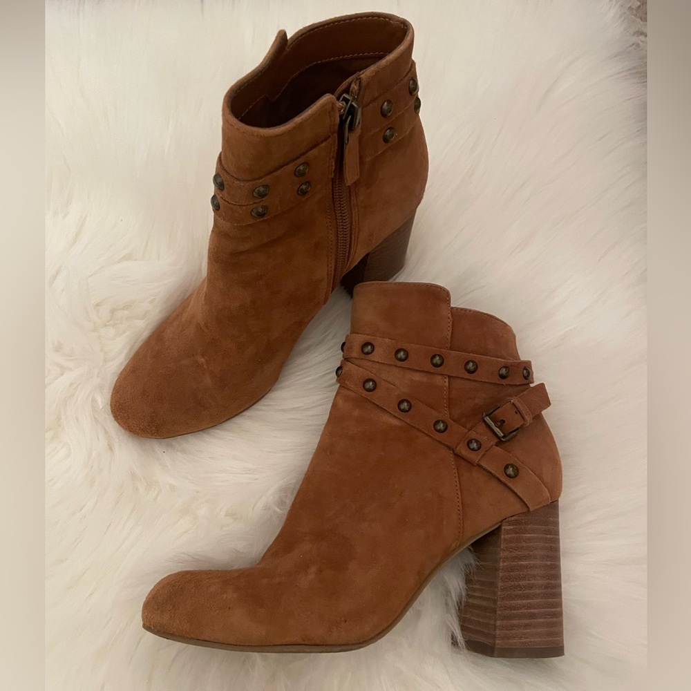 Kolo Flared-Heel Studded Bootie in Size 6M in Cognac Suede